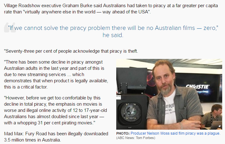 Excerpt from online  article from the ABC about movie piracy. Image shows photo of producer Nelson Woss talking about the problem of film piracy in Australia. Village Roadshow executive Graham Burke s